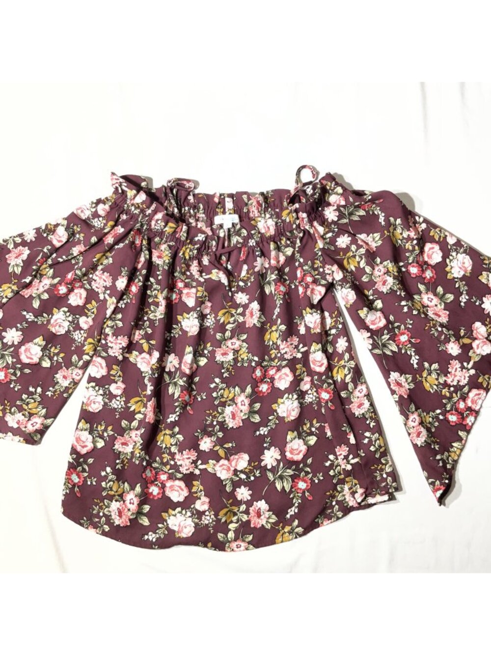 Floral Burgundy Off-Shoulder Blouse With Bell Sleeves By Active USA Size L Light